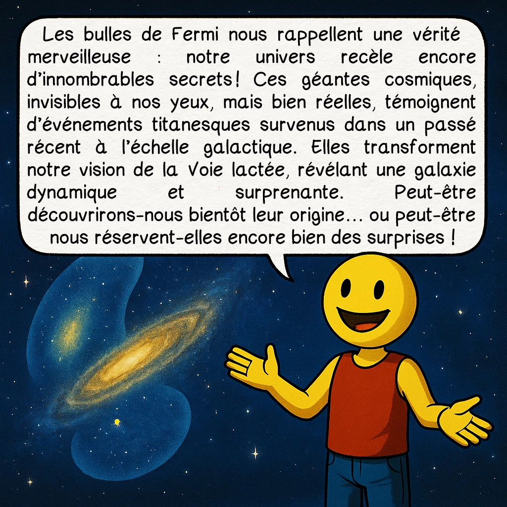 Les bulles de Fermi, case 10 : Les bulles de Fermi nous rappellent une vérité merveilleuse : notre univers recèle encore d’innombrables secrets ! Ces géantes cosmiques, invisibles à nos yeux, mais bien réelles, témoignent d’événements titanesques survenus dans un passé récent à l’échelle galactique. Elles transforment notre vision de la Voie lactée, révélant une galaxie dynamique et surprenante. Peut-être découvrirons-nous bientôt leur origine… ou peut-être nous réservent-elles encore bien des surprises !