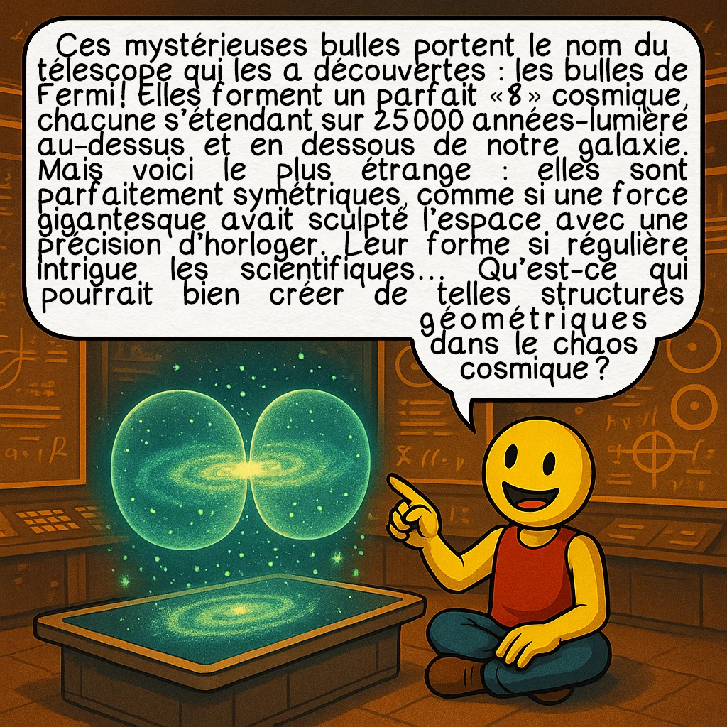 Les bulles de Fermi, case 2 : Ces mystérieuses bulles portent le nom du télescope qui les a découvertes : les bulles de Fermi ! Elles forment un parfait « 8 » cosmique, chacune s’étendant sur 25 000 années-lumière au-dessus et en dessous de notre galaxie. Mais voici le plus étrange : elles sont parfaitement symétriques, comme si une force gigantesque avait sculpté l’espace avec une précision d’horloger. Leur forme si régulière intrigue les scientifiques… Qu’est-ce qui pourrait bien créer de telles structures géométriques dans le chaos cosmique ?
