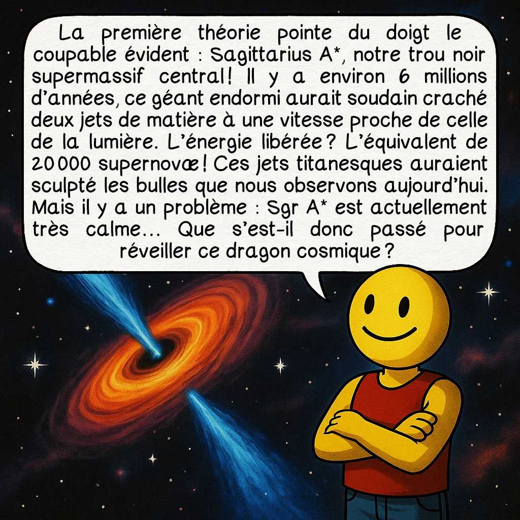 Les bulles de Fermi, case 3 : La première théorie pointe du doigt le coupable évident : Sagittarius A*, notre trou noir supermassif central ! Il y a environ 6 millions d’années, ce géant endormi aurait soudain craché deux jets de matière à une vitesse proche de celle de la lumière. L’énergie libérée ? L’équivalent de 20 000 supernovæ ! Ces jets titanesques auraient sculpté les bulles que nous observons aujourd’hui. Mais il y a un problème : Sgr A* est actuellement très calme… Que s’est-il donc passé pour réveiller ce dragon cosmique ?