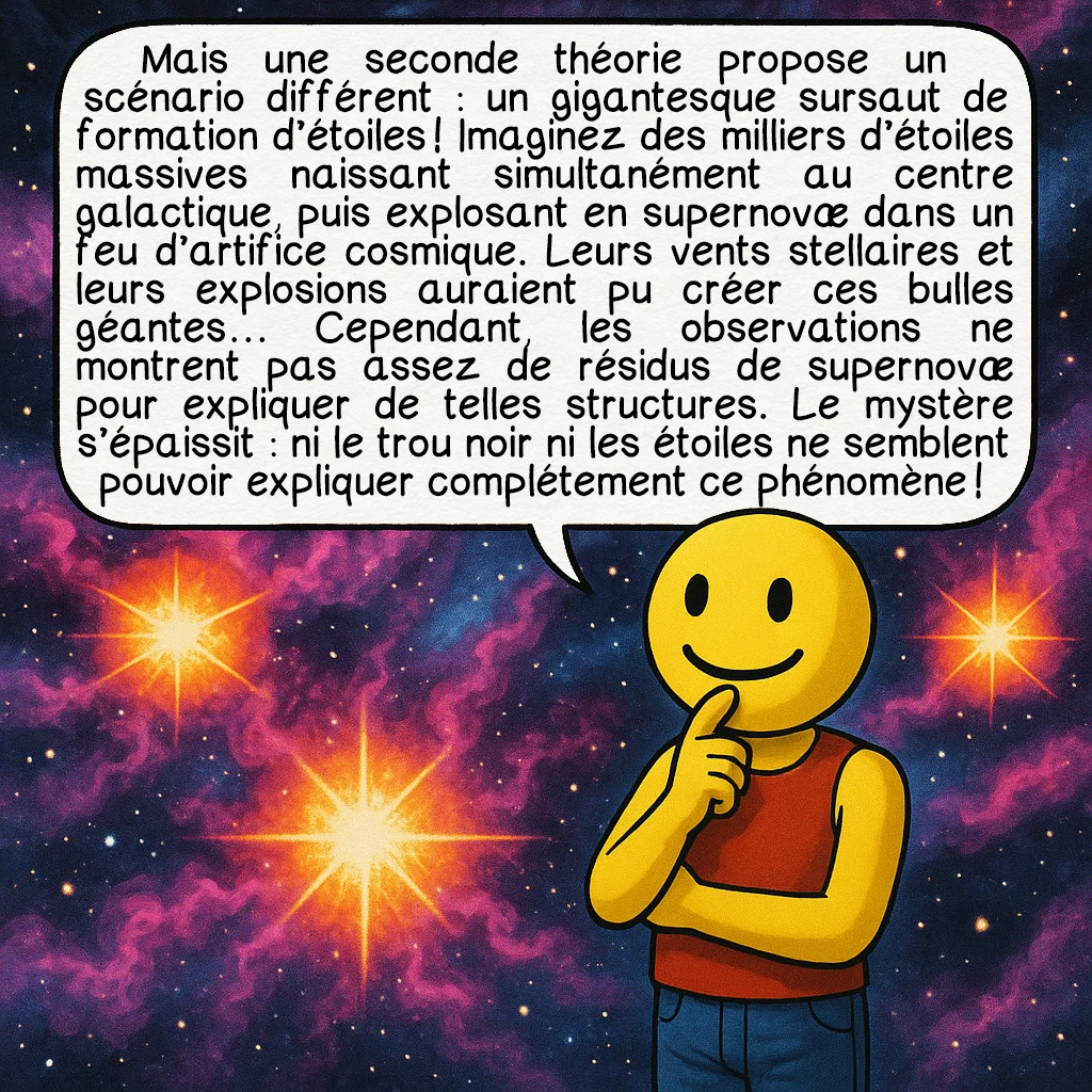 Les bulles de Fermi, case 4 : Mais une seconde théorie propose un scénario différent : un gigantesque sursaut de formation d’étoiles ! Imaginez des milliers d’étoiles massives naissant simultanément au centre galactique, puis explosant en supernovæ dans un feu d’artifice cosmique. Leurs vents stellaires et leurs explosions auraient pu créer ces bulles géantes… Cependant, les observations ne montrent pas assez de résidus de supernovæ pour expliquer de telles structures. Le mystère s’épaissit : ni le trou noir ni les étoiles ne semblent pouvoir expliquer complétement ce phénomène !