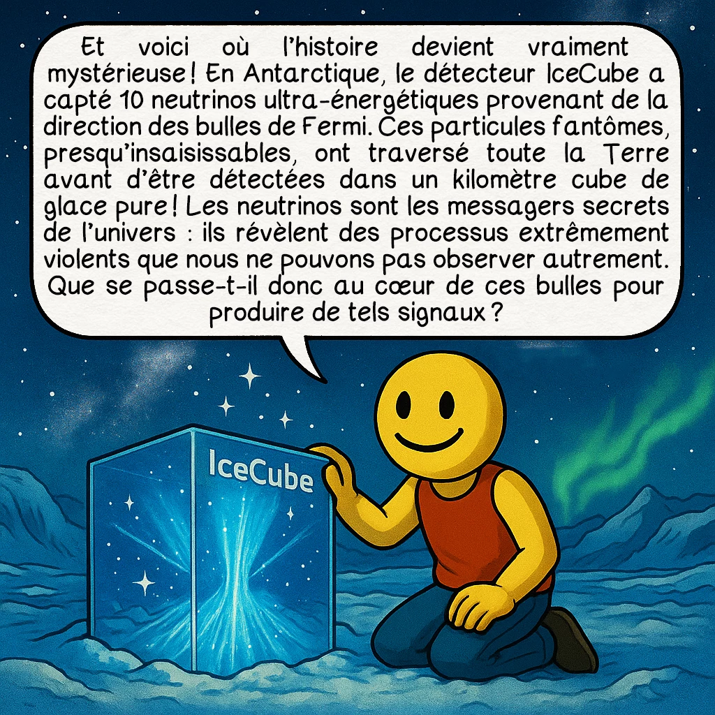 Les bulles de Fermi, case 5 : Et voici où l’histoire devient vraiment mystérieuse ! En Antarctique, le détecteur IceCube a capté 10 neutrinos ultra-énergétiques provenant de la direction des bulles de Fermi. Ces particules fantômes, presqu’insaisissables, ont traversé toute la Terre avant d’être détectées dans un kilomètre cube de glace pure ! Les neutrinos sont les messagers secrets de l’univers : ils révèlent des processus extrêmement violents que nous ne pouvons pas observer autrement. Que se passe-t-il donc au cœur de ces bulles pour produire de tels signaux ?
