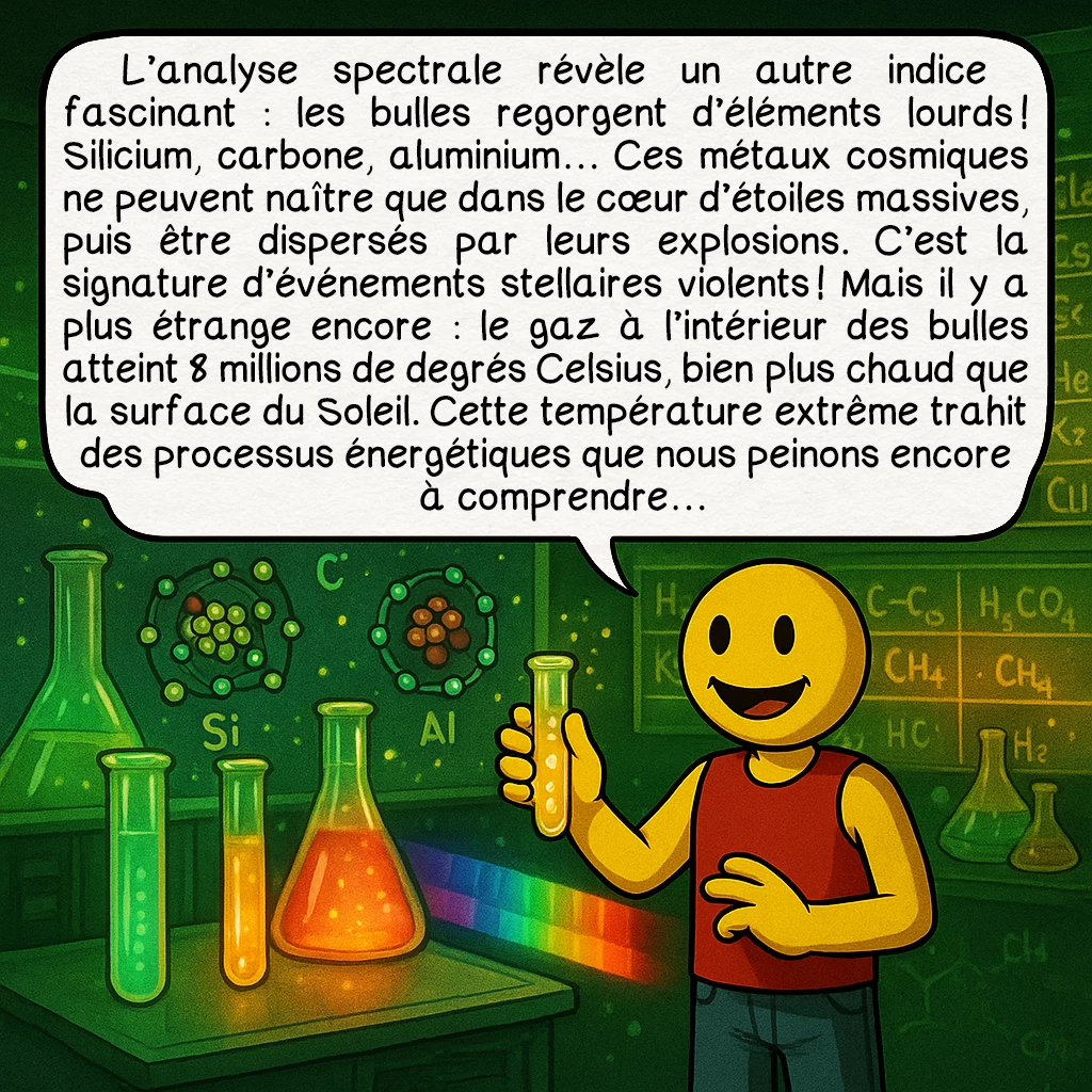 Les bulles de Fermi, case 6 : L’analyse spectrale révèle un autre indice fascinant : les bulles regorgent d’éléments lourds ! Silicium, carbone, aluminium… Ces métaux cosmiques ne peuvent naître que dans le cœur d’étoiles massives, puis être dispersés par leurs explosions. C’est la signature d’événements stellaires violents ! Mais il y a plus étrange encore : le gaz à l’intérieur des bulles atteint 8 millions de degrés Celsius, bien plus chaud que la surface du Soleil. Cette température extrême trahit des processus énergétiques que nous peinons encore à comprendre…