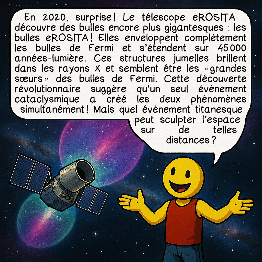 Les bulles de Fermi, case 7 : En 2020, surprise ! Le télescope eROSITA découvre des bulles encore plus gigantesques : les bulles eROSITA ! Elles enveloppent complétement les bulles de Fermi et s’étendent sur 45 000 années-lumière. Ces structures jumelles brillent dans les rayons X et semblent être les « grandes sœurs » des bulles de Fermi. Cette découverte révolutionnaire suggère qu’un seul événement cataclysmique a créé les deux phénomènes simultanément ! Mais quel événement titanesque peut sculpter l’espace sur de telles distances ?