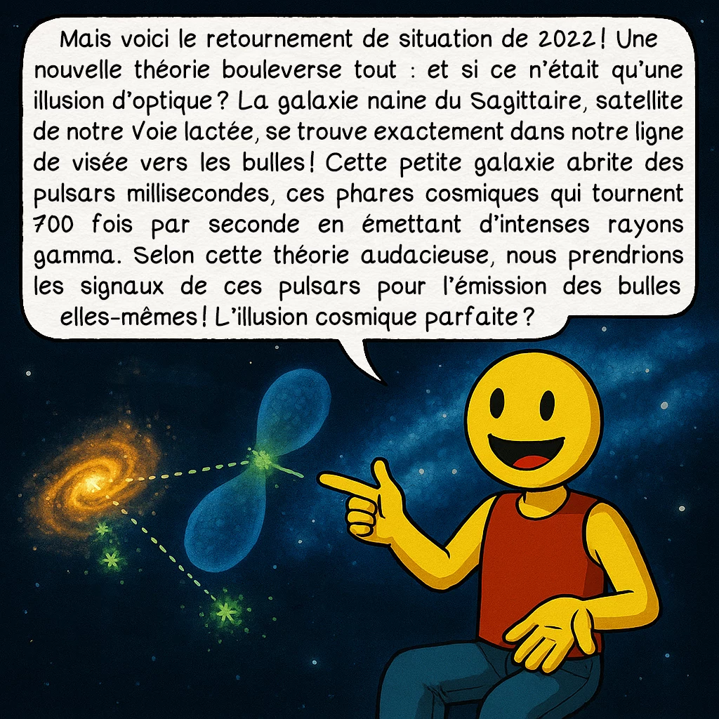 Les bulles de Fermi, case 8 : Mais voici le retournement de situation de 2022 ! Une nouvelle théorie bouleverse tout : et si ce n’était qu’une illusion d’optique ? La galaxie naine du Sagittaire, satellite de notre Voie lactée, se trouve exactement dans notre ligne de visée vers les bulles ! Cette petite galaxie abrite des pulsars millisecondes, ces phares cosmiques qui tournent 700 fois par seconde en émettant d’intenses rayons gamma. Selon cette théorie audacieuse, nous prendrions les signaux de ces pulsars pour l’émission des bulles elles-mêmes ! L’illusion cosmique parfaite ?