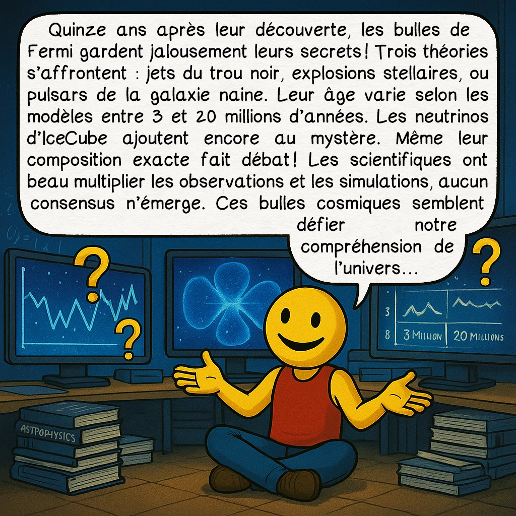 Les bulles de Fermi, case 9 : Quinze ans après leur découverte, les bulles de Fermi gardent jalousement leurs secrets ! Trois théories s’affrontent : jets du trou noir, explosions stellaires, ou pulsars de la galaxie naine. Leur âge varie selon les modèles entre 3 et 20 millions d’années. Les neutrinos d’IceCube ajoutent encore au mystère. Même leur composition exacte fait débat ! Les scientifiques ont beau multiplier les observations et les simulations, aucun consensus n’émerge. Ces bulles cosmiques semblent défier notre compréhension de l’univers…
