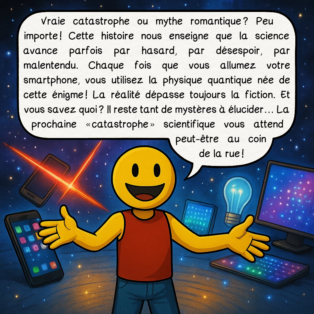 La catastrophe ultraviolette, case 10 : Vraie catastrophe ou mythe romantique ? Peu importe ! Cette histoire nous enseigne que la science avance parfois par hasard, par désespoir, par malentendu. Chaque fois que vous allumez votre smartphone, vous utilisez la physique quantique née de cette énigme ! La réalité dépasse toujours la fiction. Et vous savez quoi ? Il reste tant de mystères à élucider… La prochaine « catastrophe » scientifique vous attend peut-être au coin de la rue !
