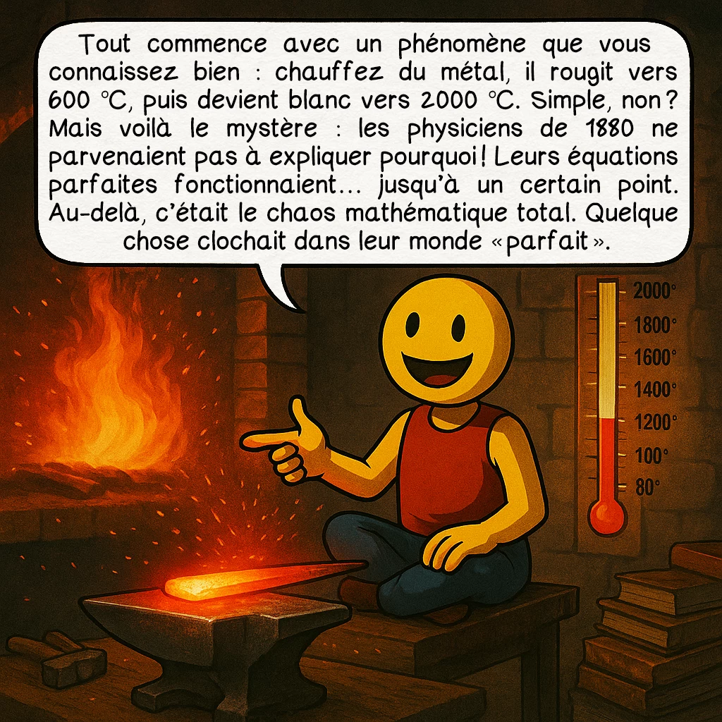 La catastrophe ultraviolette, case 2 : Tout commence avec un phénomène que vous connaissez bien : chauffez du métal, il rougit vers 600 °C, puis devient blanc vers 2000 °C. Simple, non ? Mais voilà le mystère : les physiciens de 1880 ne parvenaient pas à expliquer pourquoi ! Leurs équations parfaites fonctionnaient… jusqu’à un certain point. Au-delà, c’était le chaos mathématique total. Quelque chose clochait dans leur monde « parfait ».