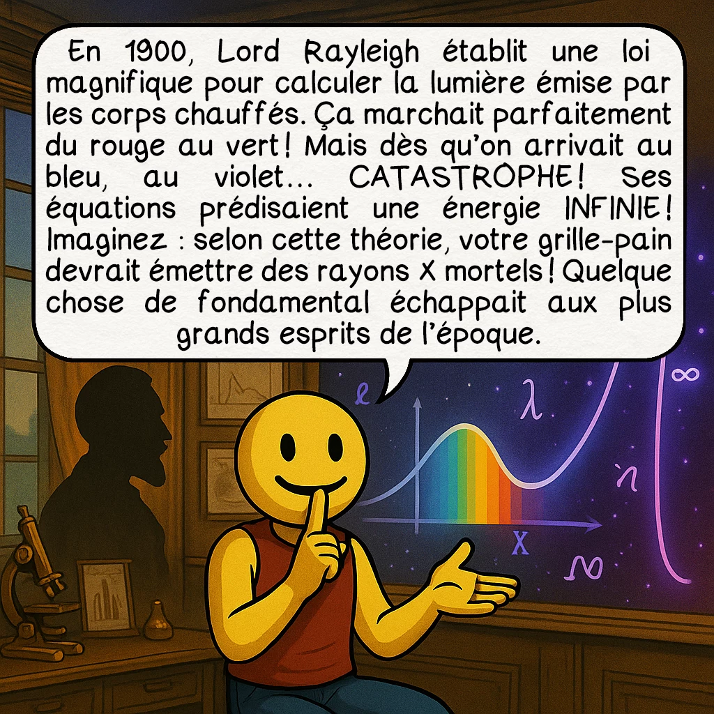 La catastrophe ultraviolette, case 3 : En 1900, Lord Rayleigh établit une loi magnifique pour calculer la lumière émise par les corps chauffés. Ça marchait parfaitement du rouge au vert ! Mais dès qu’on arrivait au bleu, au violet… CATASTROPHE ! Ses équations prédisaient une énergie INFINIE ! Imaginez : selon cette théorie, votre grille-pain devrait émettre des rayons X mortels ! Quelque chose de fondamental échappait aux plus grands esprits de l’époque.