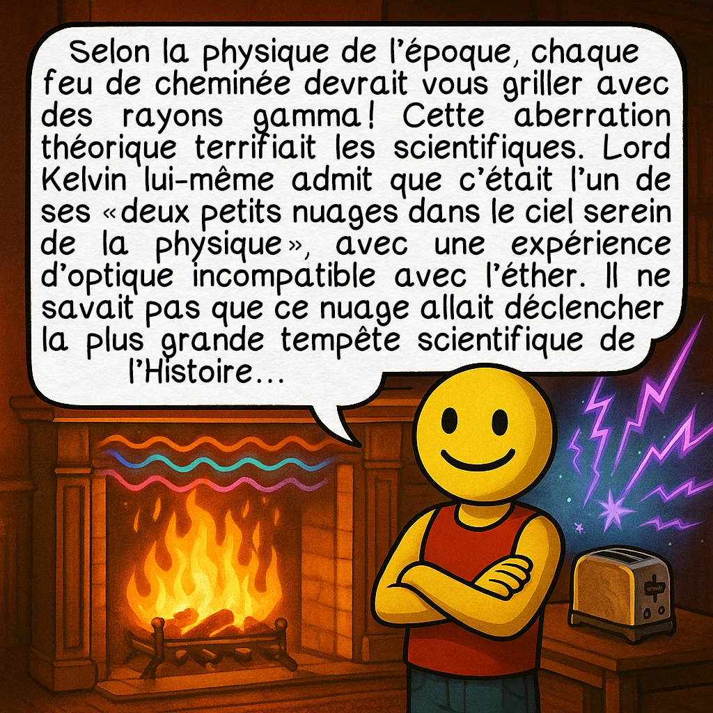 La catastrophe ultraviolette, case 4 : Selon la physique de l’époque, chaque feu de cheminée devrait vous griller avec des rayons gamma ! Cette aberration théorique terrifiait les scientifiques. Lord Kelvin lui-même admit que c’était l’un de ses « deux petits nuages dans le ciel serein de la physique », avec une expérience d’optique incompatible avec l’éther. Il ne savait pas que ce nuage allait déclencher la plus grande tempête scientifique de l’Histoire…