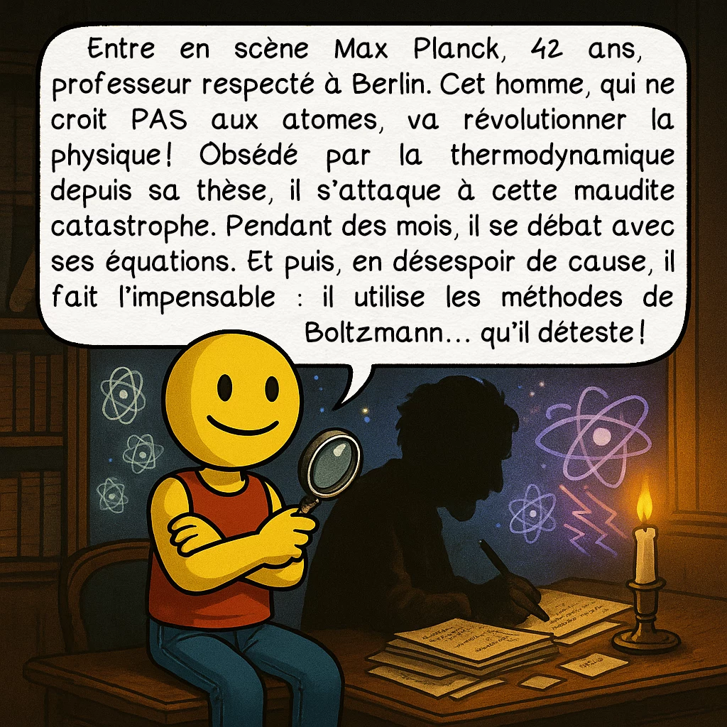 La catastrophe ultraviolette, case 5 : Entre en scène Max Planck, 42 ans, professeur respecté à Berlin. Cet homme, qui ne croit PAS aux atomes, va révolutionner la physique ! Obsédé par la thermodynamique depuis sa thèse, il s’attaque à cette maudite catastrophe. Pendant des mois, il se débat avec ses équations. Et puis, en désespoir de cause, il fait l’impensable : il utilise les méthodes de Boltzmann… qu’il déteste !