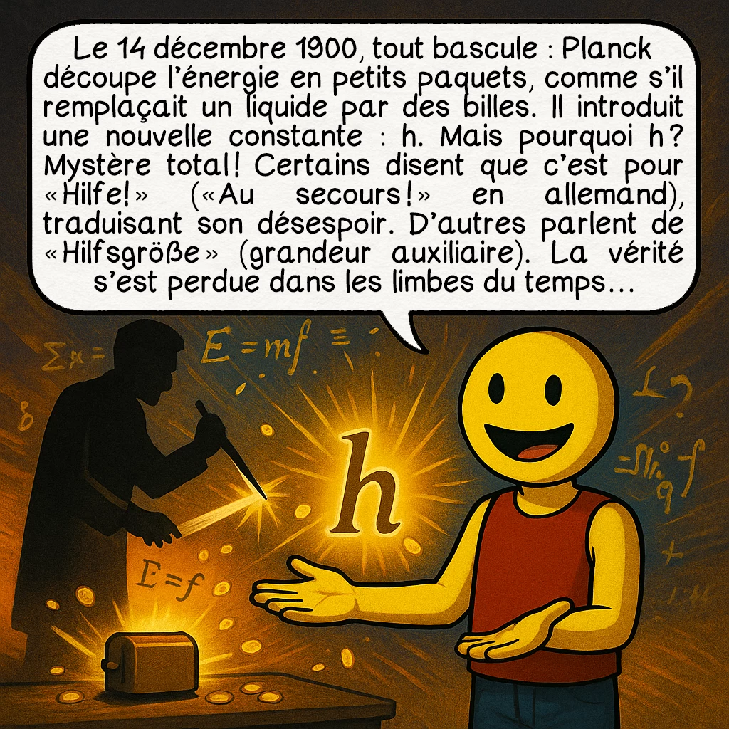 La catastrophe ultraviolette, case 6 : Le 14 décembre 1900, tout bascule : Planck découpe l’énergie en petits paquets, comme s’il remplaçait un liquide par des billes. Il introduit une nouvelle constante : h. Mais pourquoi h ? Mystère total ! Certains disent que c’est pour « Hilfe! » (« Au secours ! » en allemand), traduisant son désespoir. D’autres parlent de « Hilfsgröße » (grandeur auxiliaire). La vérité s’est perdue dans les limbes du temps…