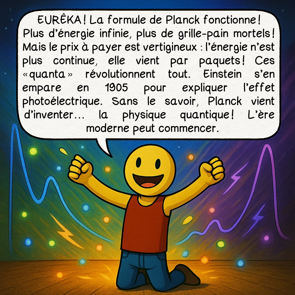 La catastrophe ultraviolette, case 7 : EURÊKA ! La formule de Planck fonctionne ! Plus d’énergie infinie, plus de grille-pain mortels ! Mais le prix à payer est vertigineux : l’énergie n’est plus continue, elle vient par paquets ! Ces « quanta » révolutionnent tout. Einstein s’en empare en 1905 pour expliquer l’effet photoélectrique. Sans le savoir, Planck vient d’inventer… la physique quantique ! L’ère moderne peut commencer.