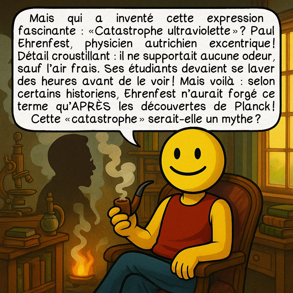 La catastrophe ultraviolette, case 8 : Mais qui a inventé cette expression fascinante : « Catastrophe ultraviolette » ? Paul Ehrenfest, physicien autrichien excentrique ! Détail croustillant : il ne supportait aucune odeur, sauf l’air frais. Ses étudiants devaient se laver des heures avant de le voir ! Mais voilà : selon certains historiens, Ehrenfest n’aurait forgé ce terme qu’APRÈS les découvertes de Planck ! Cette « catastrophe » serait-elle un mythe ?
