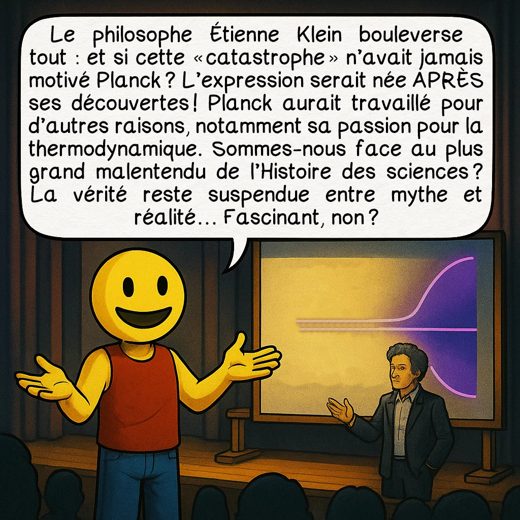 La catastrophe ultraviolette, case 9 : Le philosophe Étienne Klein bouleverse tout : et si cette « catastrophe » n’avait jamais motivé Planck ? L’expression serait née APRÈS ses découvertes ! Planck aurait travaillé pour d’autres raisons, notamment sa passion pour la thermodynamique. Sommes-nous face au plus grand malentendu de l’Histoire des sciences ? La vérité reste suspendue entre mythe et réalité… Fascinant, non ?