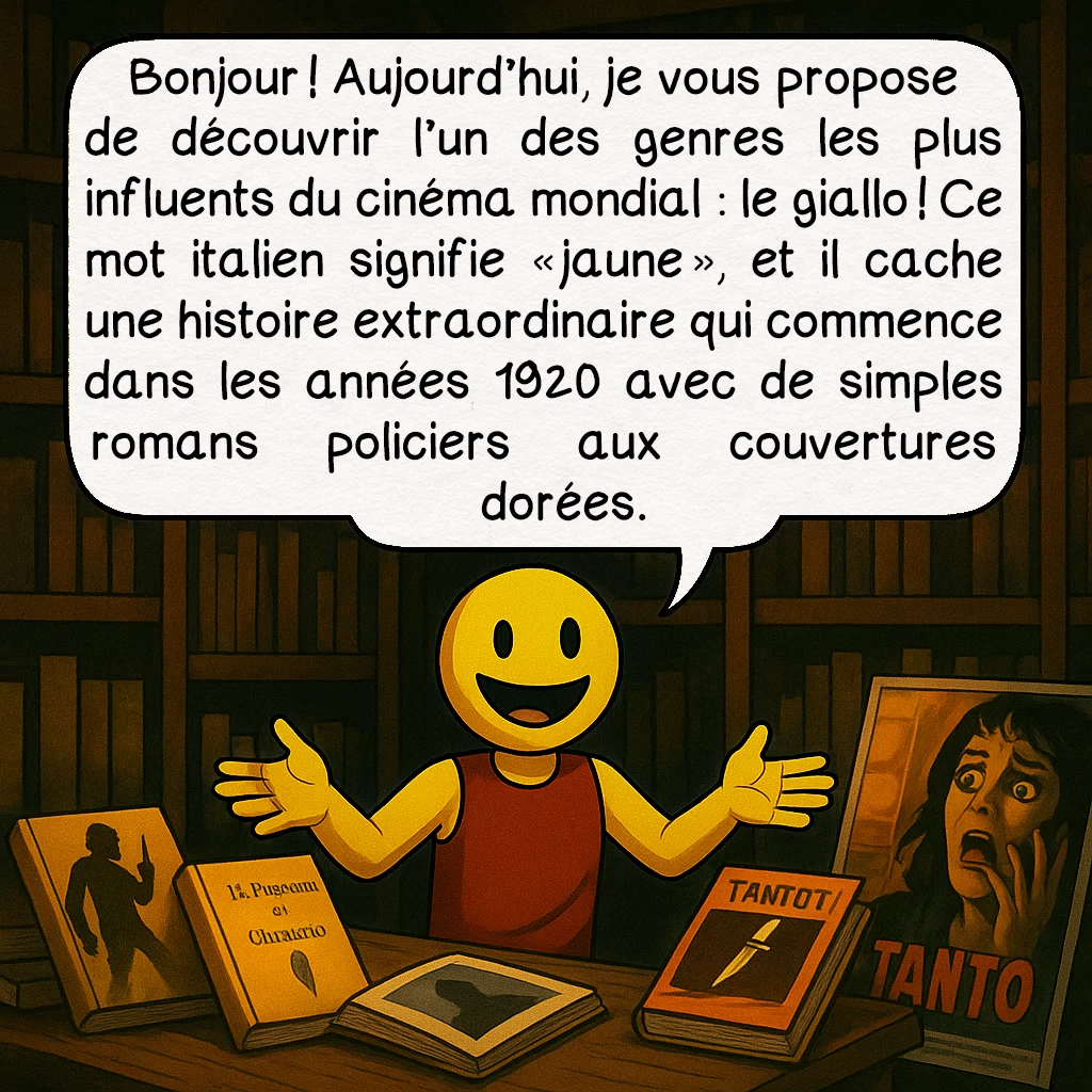 Le giallo, case 1 : Bonjour ! Aujourd’hui, je vous propose de découvrir l’un des genres les plus influents du cinéma mondial : le giallo ! Ce mot italien signifie « jaune », et il cache une histoire extraordinaire qui commence dans les années 1920 avec de simples romans policiers aux couvertures dorées.