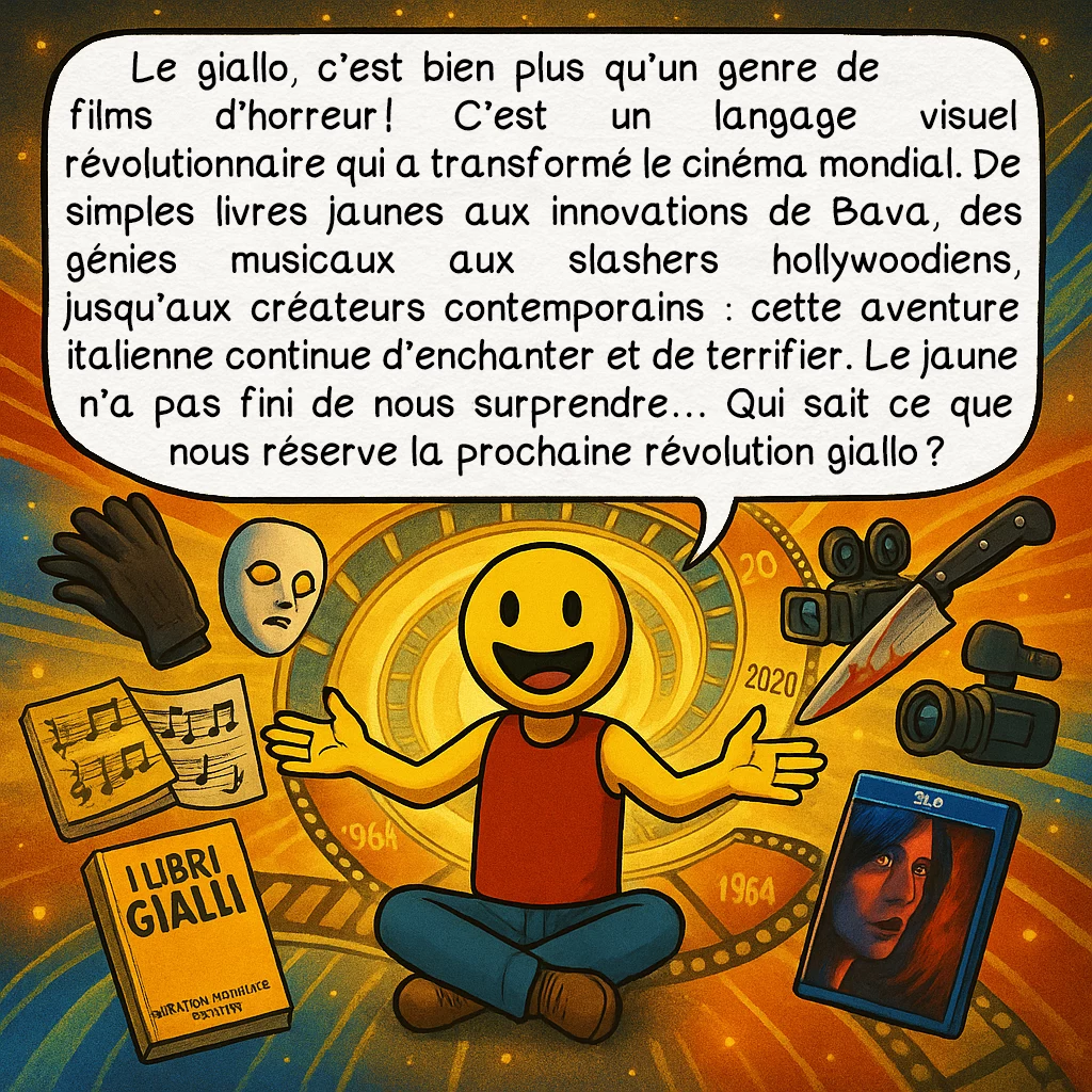 Le giallo, case 10 : Le giallo, c’est bien plus qu’un genre de films d’horreur ! C’est un langage visuel révolutionnaire qui a transformé le cinéma mondial. De simples livres jaunes aux innovations de Bava, des génies musicaux aux slashers hollywoodiens, jusqu’aux créateurs contemporains : cette aventure italienne continue d’enchanter et de terrifier. Le jaune n’a pas fini de nous surprendre… Qui sait ce que nous réserve la prochaine révolution giallo ?
