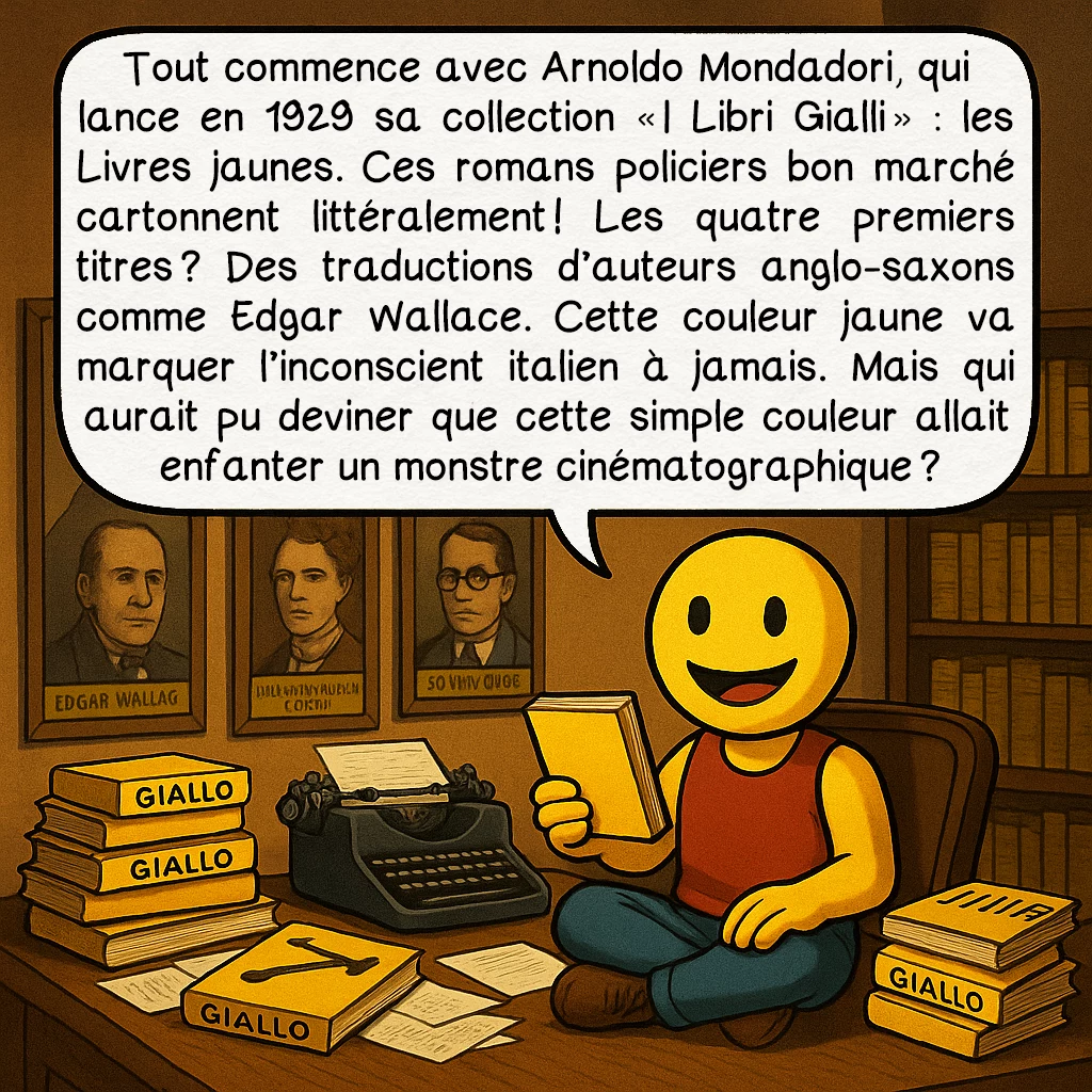Le giallo, case 2 : Tout commence avec Arnoldo Mondadori, qui lance en 1929 sa collection « I Libri Gialli » : les Livres jaunes. Ces romans policiers bon marché cartonnent littéralement ! Les quatre premiers titres ? Des traductions d’auteurs anglo-saxons comme Edgar Wallace. Cette couleur jaune va marquer l’inconscient italien à jamais. Mais qui aurait pu deviner que cette simple couleur allait enfanter un monstre cinématographique ?