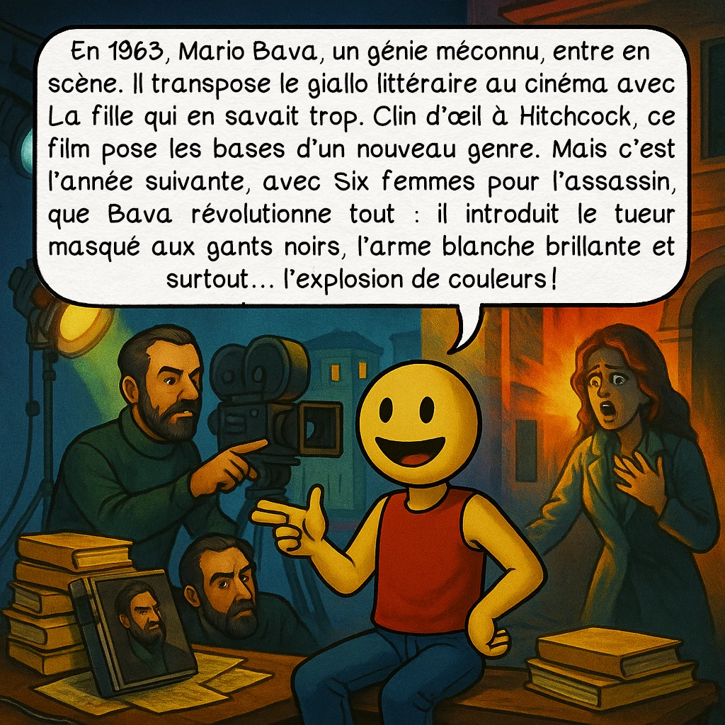Le giallo, case 3 : En 1963, Mario Bava, un génie méconnu, entre en scène. Il transpose le giallo littéraire au cinéma avec La fille qui en savait trop. Clin d’œil à Hitchcock, ce film pose les bases d’un nouveau genre. Mais c’est l’année suivante, avec Six femmes pour l’assassin, que Bava révolutionne tout : il introduit le tueur masqué aux gants noirs, l’arme blanche brillante et surtout… l’explosion de couleurs !