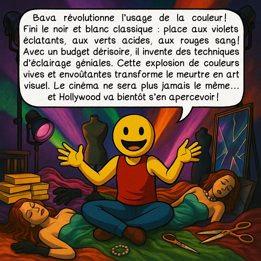 Le giallo, case 4 : Bava révolutionne l’usage de la couleur ! Fini le noir et blanc classique : place aux violets éclatants, aux verts acides, aux rouges sang ! Avec un budget dérisoire, il invente des techniques d’éclairage géniales. Cette explosion de couleurs vives et envoûtantes transforme le meurtre en art visuel. Le cinéma ne sera plus jamais le même… et Hollywood va bientôt s’en apercevoir !