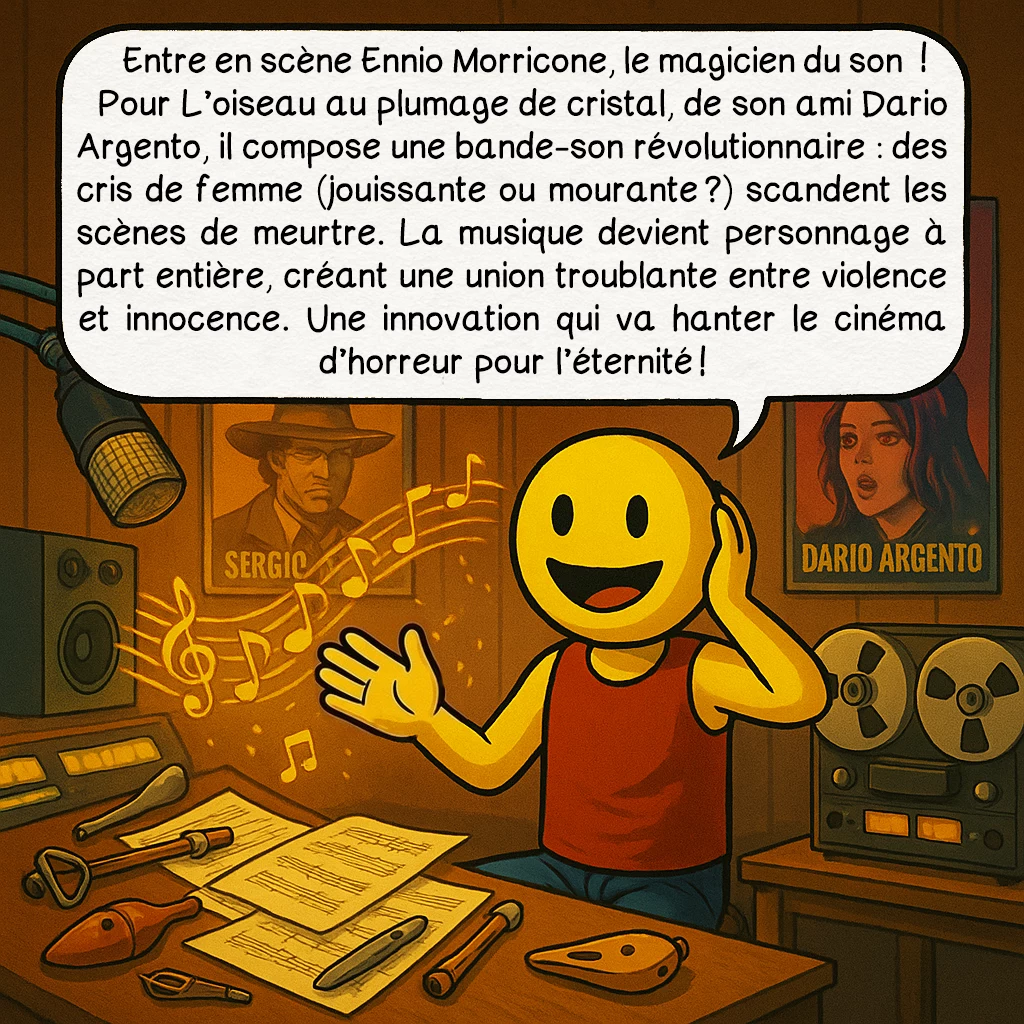 Le giallo, case 5 : Entre en scène Ennio Morricone, le magicien du son ! Pour L’oiseau au plumage de cristal, de son ami Dario Argento, il compose une bande-son révolutionnaire : des cris de femme (jouissante ou mourante ?) scandent les scènes de meurtre. La musique devient personnage à part entière, créant une union troublante entre violence et innocence. Une innovation qui va hanter le cinéma d’horreur pour l’éternité !
