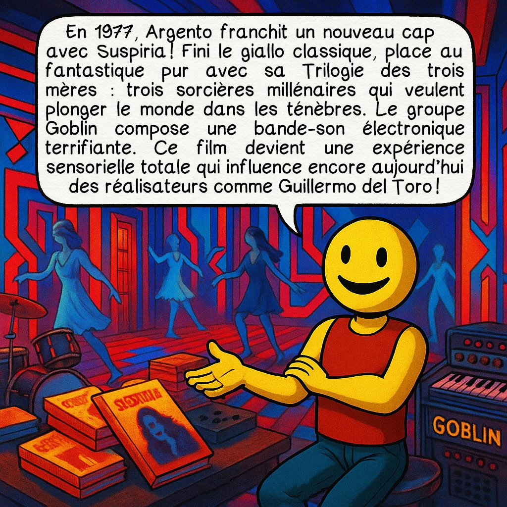 Le giallo, case 6 : En 1977, Argento franchit un nouveau cap avec Suspiria ! Fini le giallo classique, place au fantastique pur avec sa Trilogie des trois mères : trois sorcières millénaires qui veulent plonger le monde dans les ténèbres. Le groupe Goblin compose une bande-son électronique terrifiante. Ce film devient une expérience sensorielle totale qui influence encore aujourd’hui des réalisateurs comme Guillermo del Toro !