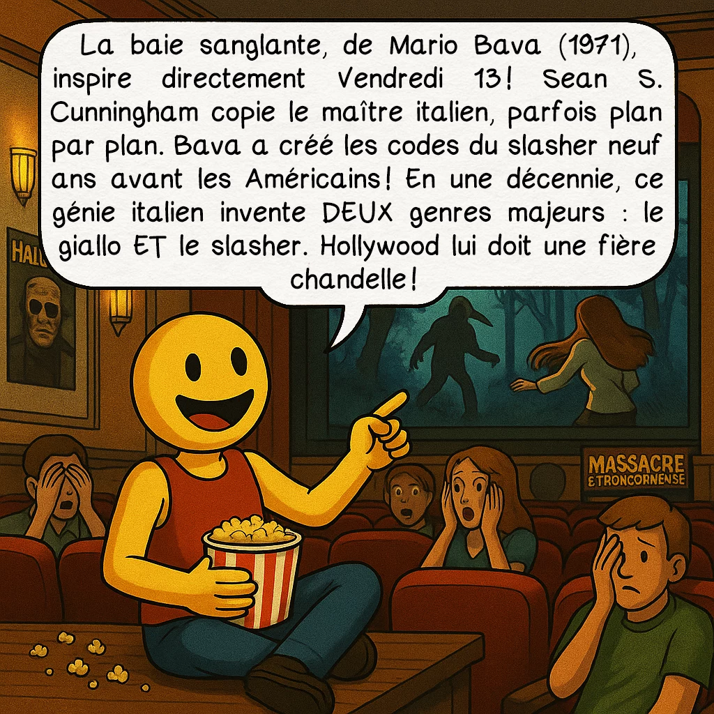 Le giallo, case 7 : La baie sanglante, de Mario Bava (1971), inspire directement Vendredi 13 ! Sean S. Cunningham copie le maître italien, parfois plan par plan. Bava a créé les codes du slasher neuf ans avant les Américains ! En une décennie, ce génie italien invente DEUX genres majeurs : le giallo ET le slasher. Hollywood lui doit une fière chandelle !