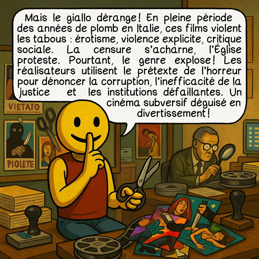 Le giallo, case 8 : Mais le giallo dérange ! En pleine période des années de plomb en Italie, ces films violent les tabous : érotisme, violence explicite, critique sociale. La censure s’acharne, l’Église proteste. Pourtant, le genre explose ! Les réalisateurs utilisent le prétexte de l’horreur pour dénoncer la corruption, l’inefficacité de la justice et les institutions défaillantes. Un cinéma subversif déguisé en divertissement !