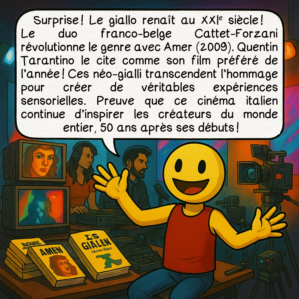 Le giallo, case 9 : Surprise ! Le giallo renaît au XXIe siècle ! Le duo franco-belge Cattet-Forzani révolutionne le genre avec Amer (2009). Quentin Tarantino le cite comme son film préféré de l’année ! Ces néo-gialli transcendent l’hommage pour créer de véritables expériences sensorielles. Preuve que ce cinéma italien continue d’inspirer les créateurs du monde entier, 50 ans après ses débuts !