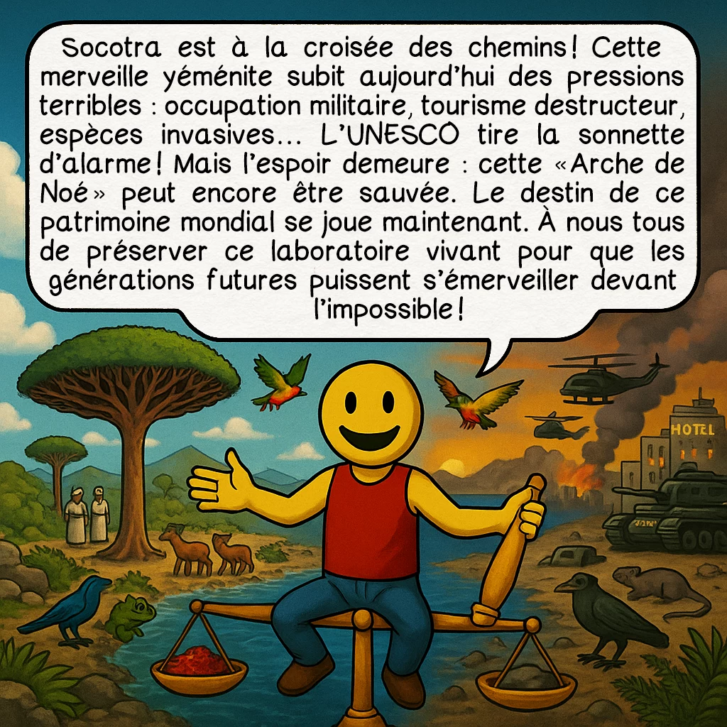 Socotra, case 10 : Socotra est à la croisée des chemins ! Cette merveille yéménite subit aujourd’hui des pressions terribles : occupation militaire, tourisme destructeur, espèces invasives… L’UNESCO tire la sonnette d’alarme ! Mais l’espoir demeure : cette « Arche de Noé » peut encore être sauvée. Le destin de ce patrimoine mondial se joue maintenant. À nous tous de préserver ce laboratoire vivant pour que les générations futures puissent s’émerveiller devant l’impossible !