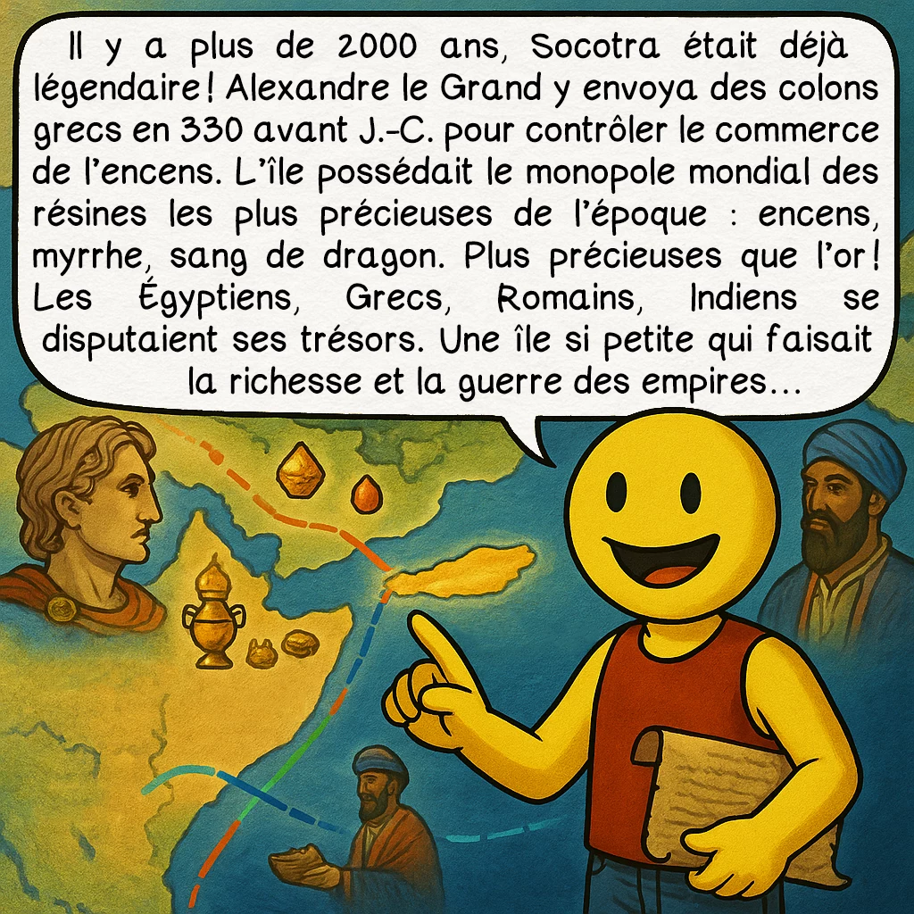 Socotra, case 2 : Il y a plus de 2000 ans, Socotra était déjà légendaire ! Alexandre le Grand y envoya des colons grecs en 330 avant J.-C. pour contrôler le commerce de l’encens. L’île possédait le monopole mondial des résines les plus précieuses de l’époque : encens, myrrhe, sang de dragon. Plus précieuses que l’or ! Les Égyptiens, Grecs, Romains, Indiens se disputaient ses trésors. Une île si petite qui faisait la richesse et la guerre des empires…