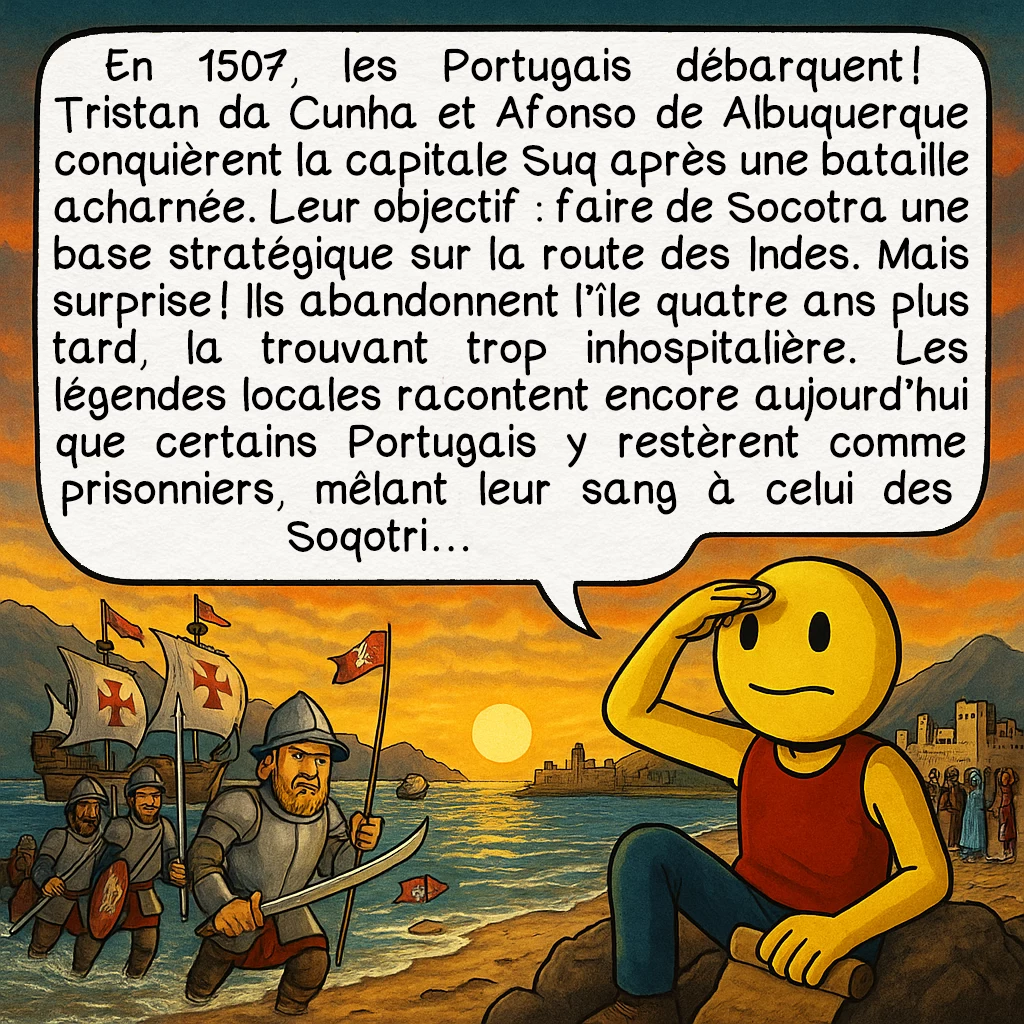 Socotra, case 3 : En 1507, les Portugais débarquent ! Tristan da Cunha et Afonso de Albuquerque conquièrent la capitale Suq après une bataille acharnée. Leur objectif : faire de Socotra une base stratégique sur la route des Indes. Mais surprise ! Ils abandonnent l’île quatre ans plus tard, la trouvant trop inhospitalière. Les légendes locales racontent encore aujourd’hui que certains Portugais y restèrent comme prisonniers, mêlant leur sang à celui des Soqotri…