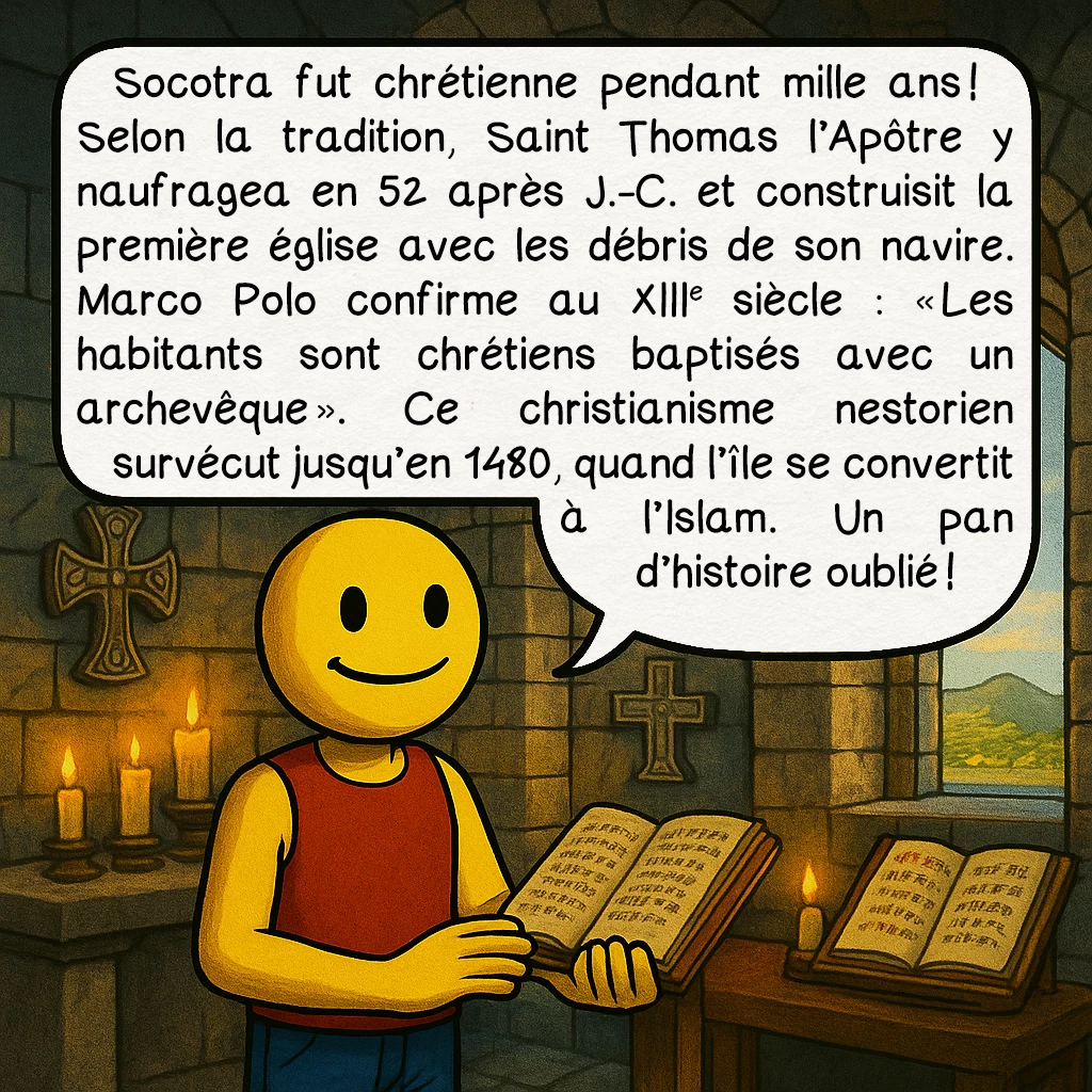 Socotra, case 4 : Socotra fut chrétienne pendant mille ans ! Selon la tradition, Saint Thomas l’Apôtre y naufragea en 52 après J.-C. et construisit la première église avec les débris de son navire. Marco Polo confirme au XIIIe siècle : « Les habitants sont chrétiens baptisés avec un archevêque ». Ce christianisme nestorien survécut jusqu’en 1480, quand l’île se convertit à l’Islam. Un pan d’histoire oublié !