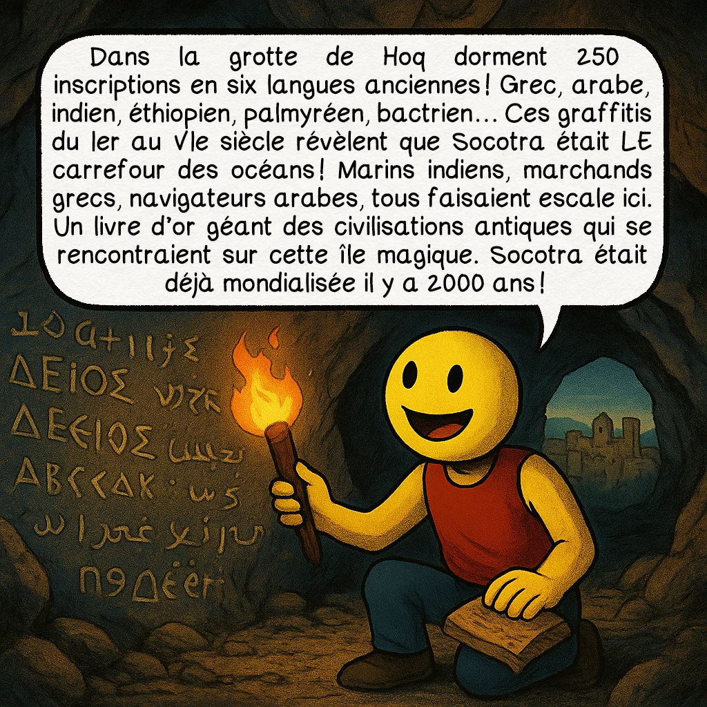 Socotra, case 5 : Dans la grotte de Hoq dorment 250 inscriptions en six langues anciennes ! Grec, arabe, indien, éthiopien, palmyréen, bactrien… Ces graffitis du Ier au VIe siècle révèlent que Socotra était LE carrefour des océans ! Marins indiens, marchands grecs, navigateurs arabes, tous faisaient escale ici. Un livre d’or géant des civilisations antiques qui se rencontraient sur cette île magique. Socotra était déjà mondialisée il y a 2000 ans !
