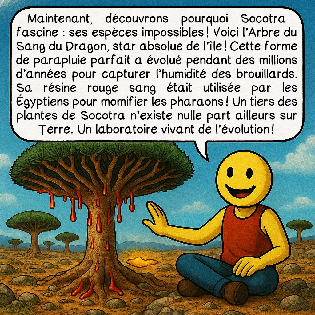Socotra, case 6 : Maintenant, découvrons pourquoi Socotra fascine : ses espèces impossibles ! Voici l’Arbre du Sang du Dragon, star absolue de l’île ! Cette forme de parapluie parfait a évolué pendant des millions d’années pour capturer l’humidité des brouillards. Sa résine rouge sang était utilisée par les Égyptiens pour momifier les pharaons ! Un tiers des plantes de Socotra n’existe nulle part ailleurs sur Terre. Un laboratoire vivant de l’évolution !