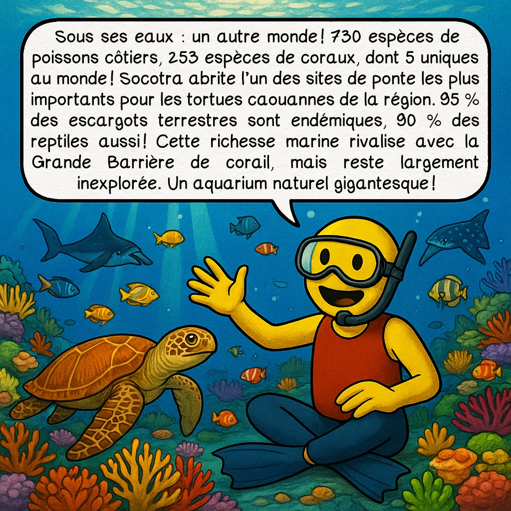 Socotra, case 7 : Sous ses eaux : un autre monde ! 730 espèces de poissons côtiers, 253 espèces de coraux, dont 5 uniques au monde ! Socotra abrite l’un des sites de ponte les plus importants pour les tortues caouannes de la région. 95 % des escargots terrestres sont endémiques, 90 % des reptiles aussi ! Cette richesse marine rivalise avec la Grande Barrière de corail, mais reste largement inexplorée. Un aquarium naturel gigantesque !