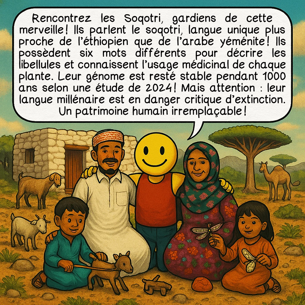 Socotra, case 8 : Rencontrez les Soqotri, gardiens de cette merveille ! Ils parlent le soqotri, langue unique plus proche de l’éthiopien que de l’arabe yéménite ! Ils possèdent six mots différents pour décrire les libellules et connaissent l’usage médicinal de chaque plante. Leur génome est resté stable pendant 1000 ans selon une étude de 2024 ! Mais attention : leur langue millénaire est en danger critique d’extinction. Un patrimoine humain irremplaçable !