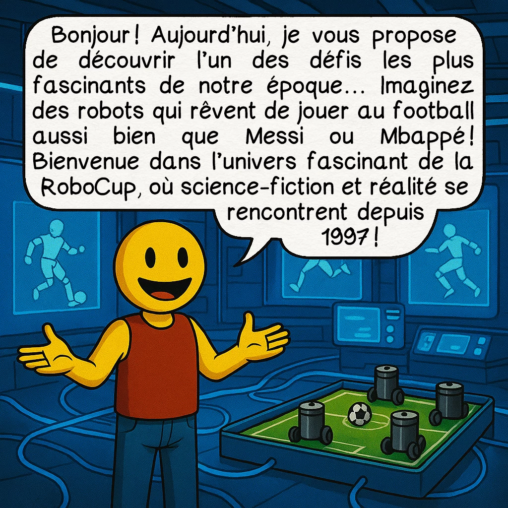 La RoboCup, case 1 : Bonjour ! Aujourd’hui, je vous propose de découvrir l’un des défis les plus fascinants de notre époque… Imaginez des robots qui rêvent de jouer au football aussi bien que Messi ou Mbappé ! Bienvenue dans l’univers fascinant de la RoboCup, où science-fiction et réalité se rencontrent depuis 1997 !