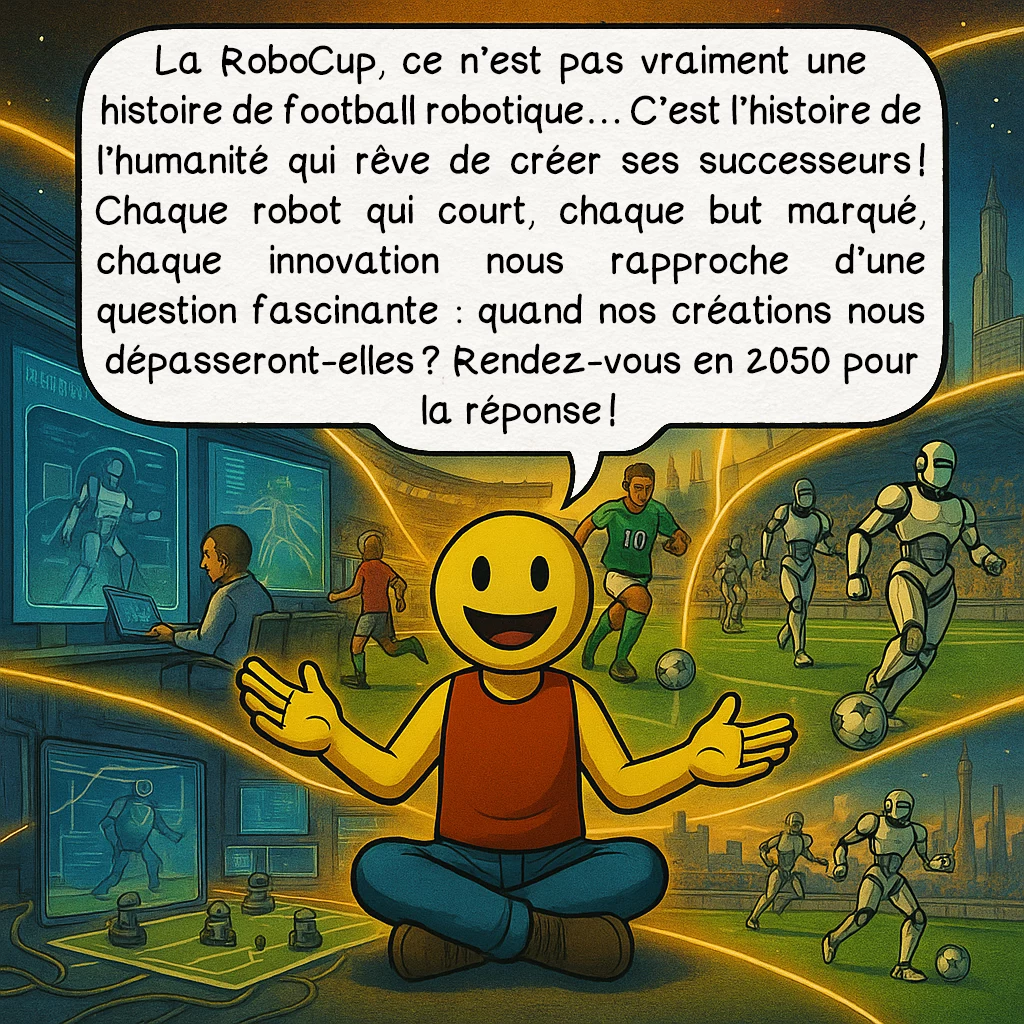 La RoboCup, case 10 : La RoboCup, ce n’est pas vraiment une histoire de football robotique… C’est l’histoire de l’humanité qui rêve de créer ses successeurs ! Chaque robot qui court, chaque but marqué, chaque innovation nous rapproche d’une question fascinante : quand nos créations nous dépasseront-elles ? Rendez-vous en 2050 pour la réponse !