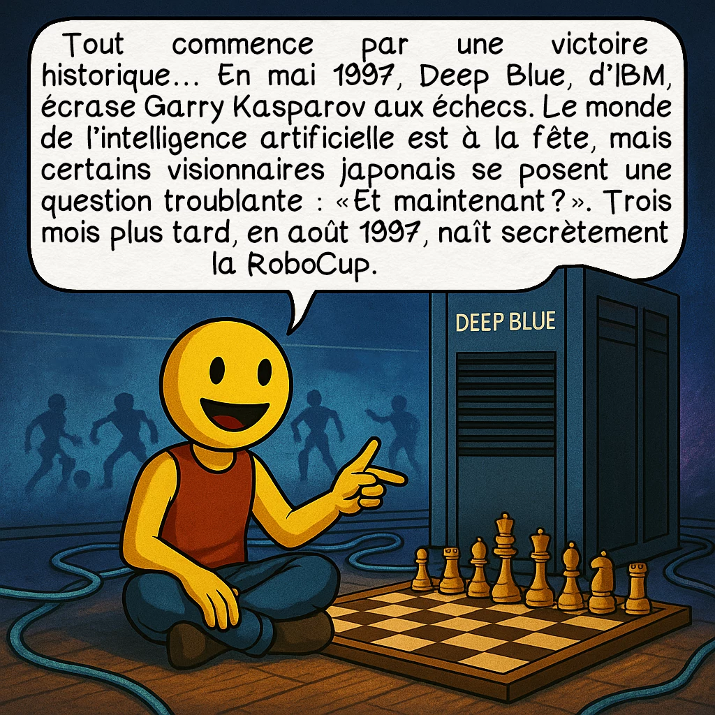 La RoboCup, case 2 : Tout commence par une victoire historique… En mai 1997, Deep Blue, d’IBM, écrase Garry Kasparov aux échecs. Le monde de l’intelligence artificielle est à la fête, mais certains visionnaires japonais se posent une question troublante : « Et maintenant ? ». Trois mois plus tard, en août 1997, naît secrètement la RoboCup.