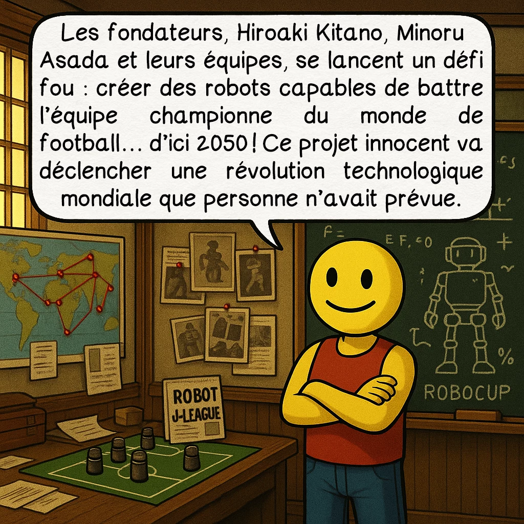 La RoboCup, case 3 : Les fondateurs, Hiroaki Kitano, Minoru Asada et leurs équipes, se lancent un défi fou : créer des robots capables de battre l’équipe championne du monde de football… d’ici 2050 ! Ce projet innocent va déclencher une révolution technologique mondiale que personne n’avait prévue.