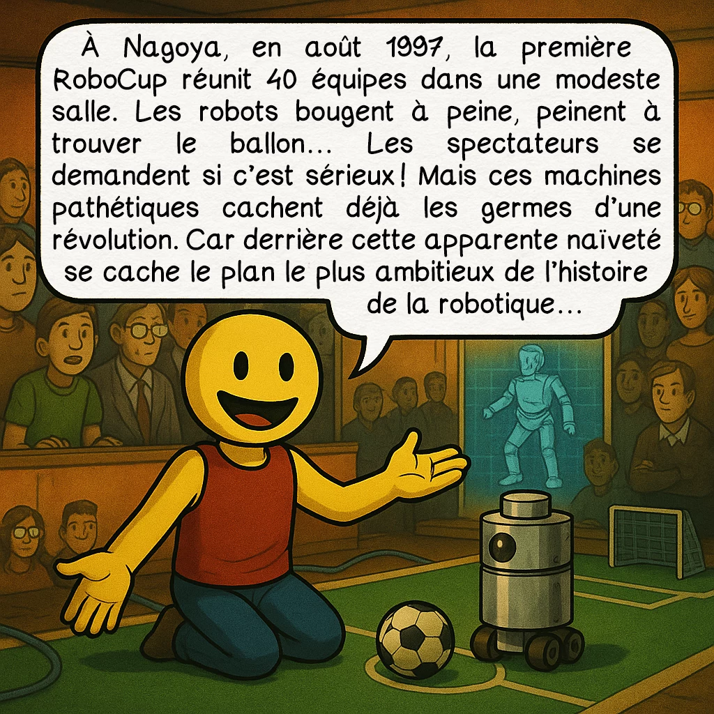 La RoboCup, case 4 : À Nagoya, en août 1997, la première RoboCup réunit 40 équipes dans une modeste salle. Les robots bougent à peine, peinent à trouver le ballon… Les spectateurs se demandent si c’est sérieux ! Mais ces machines pathétiques cachent déjà les germes d’une révolution. Car derrière cette apparente naïveté se cache le plan le plus ambitieux de l’histoire de la robotique…