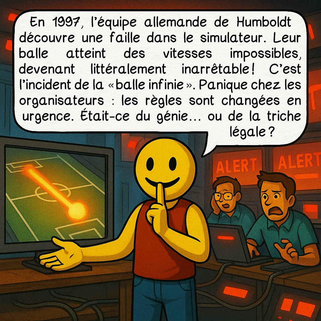 La RoboCup, case 5 : En 1997, l’équipe allemande de Humboldt découvre une faille dans le simulateur. Leur balle atteint des vitesses impossibles, devenant littéralement inarrêtable ! C’est l’incident de la « balle infinie ». Panique chez les organisateurs : les règles sont changées en urgence. Était-ce du génie… ou de la triche légale ?