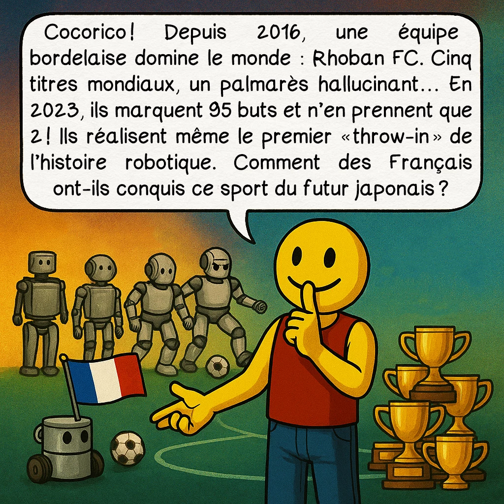 La RoboCup, case 6 : Cocorico ! Depuis 2016, une équipe bordelaise domine le monde : Rhoban FC. Cinq titres mondiaux, un palmarès hallucinant… En 2023, ils marquent 95 buts et n’en prennent que 2 ! Ils réalisent même le premier « throw-in » de l’histoire robotique. Comment des Français ont-ils conquis ce sport du futur japonais ?