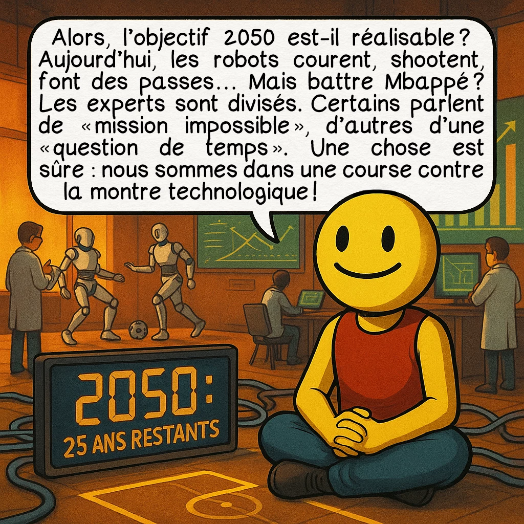 La RoboCup, case 7 : Alors, l’objectif 2050 est-il réalisable ? Aujourd’hui, les robots courent, shootent, font des passes… Mais battre Mbappé ? Les experts sont divisés. Certains parlent de « mission impossible », d’autres d’une « question de temps ». Une chose est sûre : nous sommes dans une course contre la montre technologique !