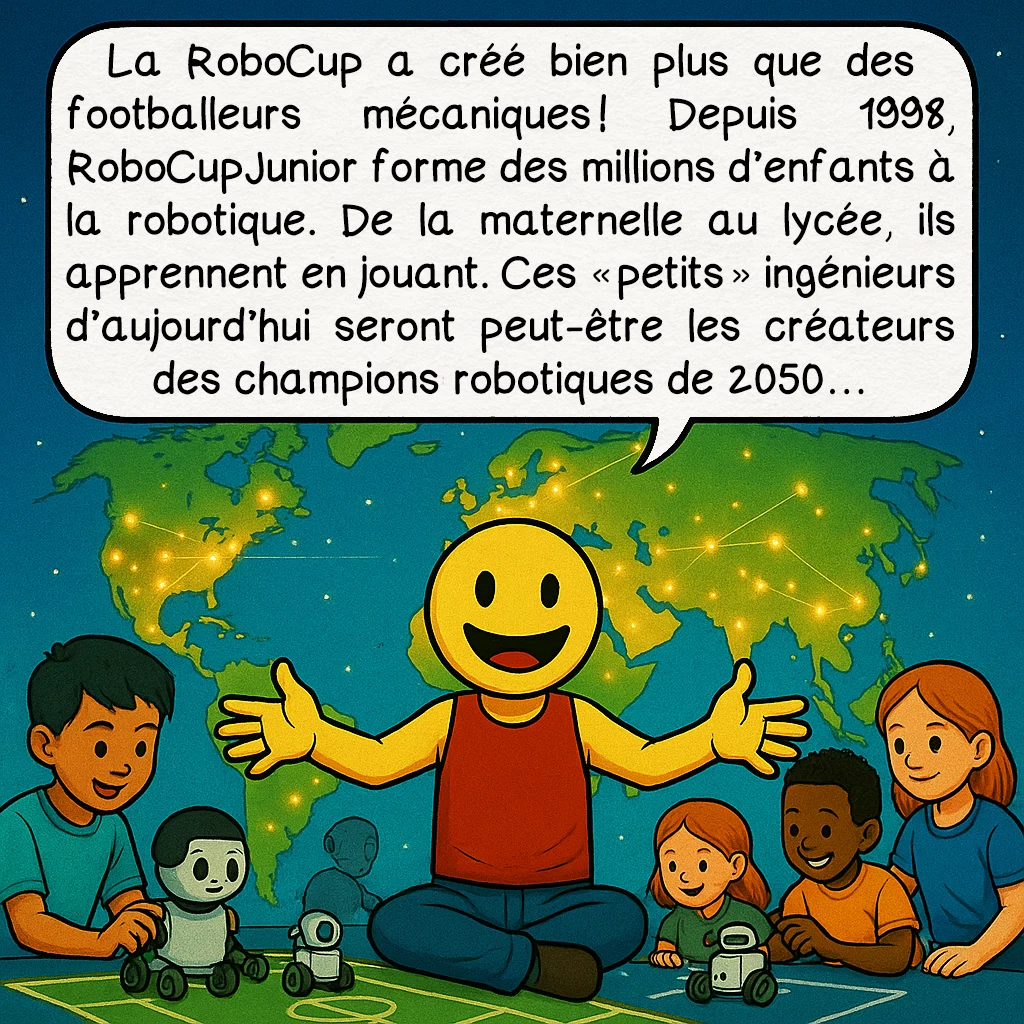 La RoboCup, case 8 : La RoboCup a créé bien plus que des footballeurs mécaniques ! Depuis 1998, RoboCupJunior forme des millions d’enfants à la robotique. De la maternelle au lycée, ils apprennent en jouant. Ces « petits » ingénieurs d’aujourd’hui seront peut-être les créateurs des champions robotiques de 2050…