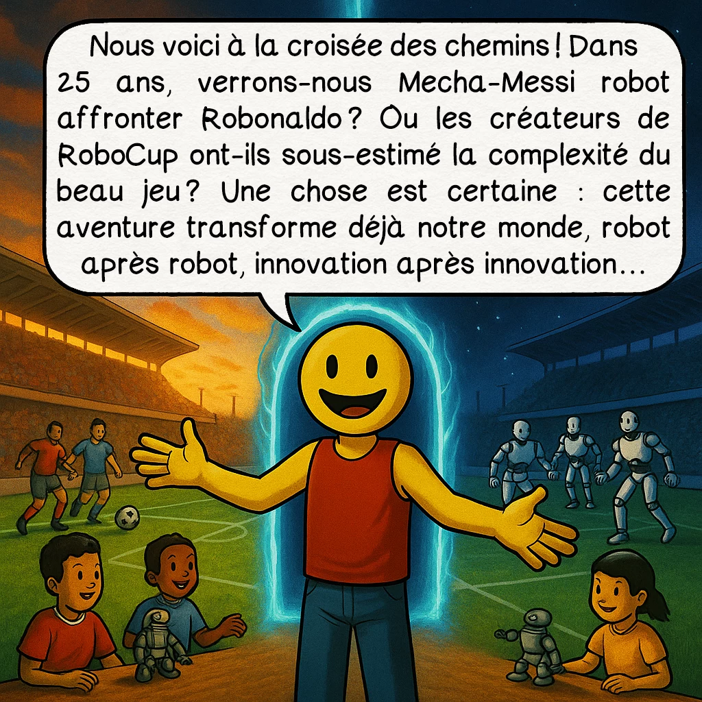 La RoboCup, case 9 : Nous voici à la croisée des chemins ! Dans 25 ans, verrons-nous Mecha-Messi robot affronter Robonaldo ? Ou les créateurs de RoboCup ont-ils sous-estimé la complexité du beau jeu ? Une chose est certaine : cette aventure transforme déjà notre monde, robot après robot, innovation après innovation…