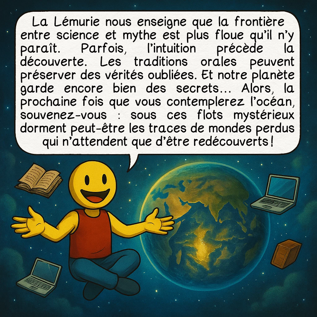 La Lémurie, case 10 : La Lémurie nous enseigne que la frontière entre science et mythe est plus floue qu’il n’y paraît. Parfois, l’intuition précède la découverte. Les traditions orales peuvent préserver des vérités oubliées. Et notre planète garde encore bien des secrets… Alors, la prochaine fois que vous contemplerez l’océan, souvenez-vous : sous ces flots mystérieux dorment peut-être les traces de mondes perdus qui n’attendent que d’être redécouverts !