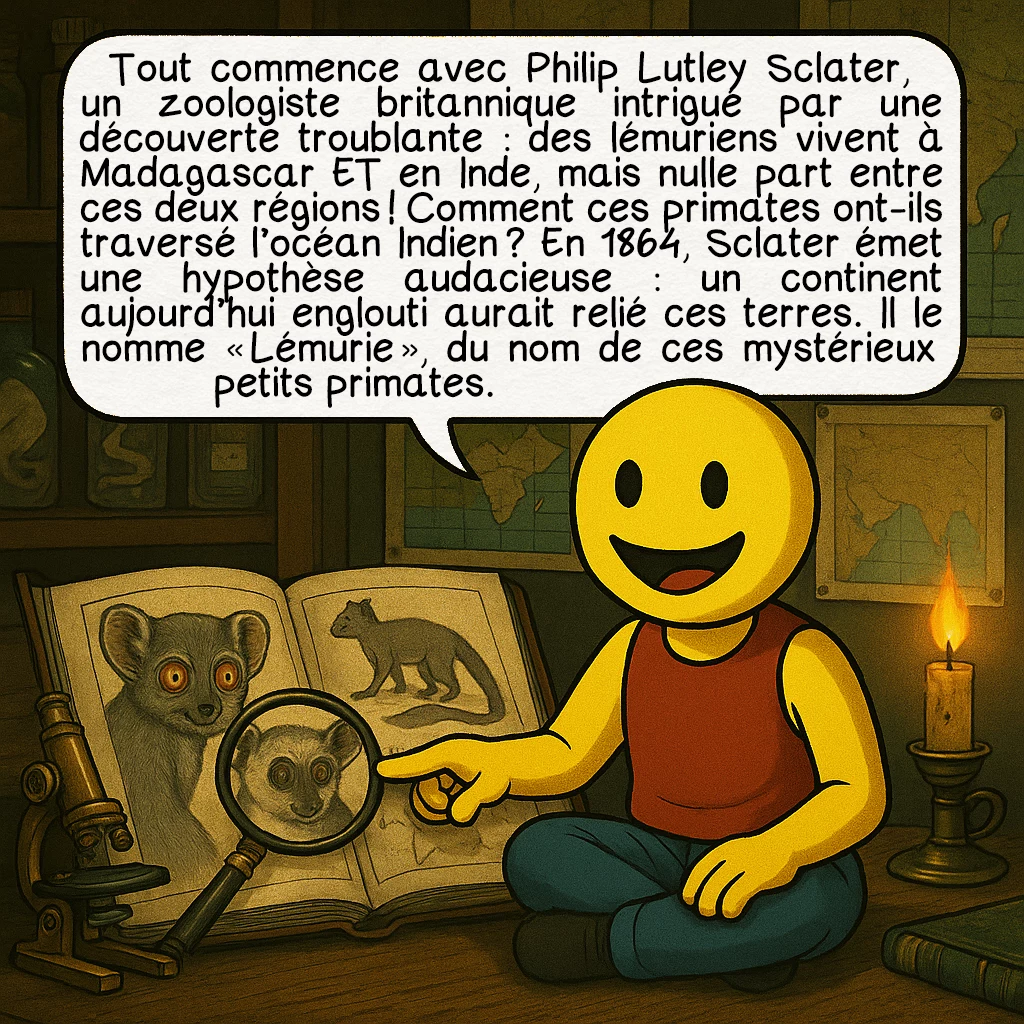 La Lémurie, case 2 : Tout commence avec Philip Lutley Sclater, un zoologiste britannique intrigué par une découverte troublante : des lémuriens vivent à Madagascar ET en Inde, mais nulle part entre ces deux régions ! Comment ces primates ont-ils traversé l’océan Indien ? En 1864, Sclater émet une hypothèse audacieuse : un continent aujourd’hui englouti aurait relié ces terres. Il le nomme « Lémurie », du nom de ces mystérieux petits primates.