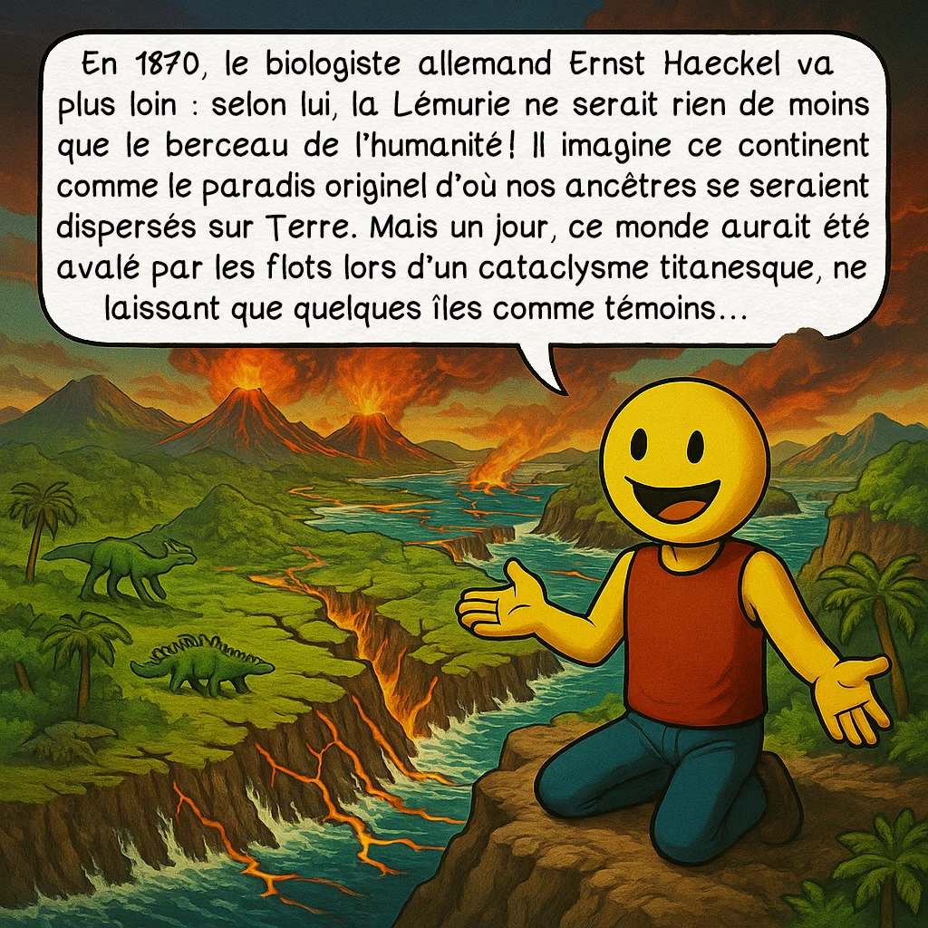 La Lémurie, case 3 : En 1870, le biologiste allemand Ernst Haeckel va plus loin : selon lui, la Lémurie ne serait rien de moins que le berceau de l’humanité ! Il imagine ce continent comme le paradis originel d’où nos ancêtres se seraient dispersés sur Terre. Mais un jour, ce monde aurait été avalé par les flots lors d’un cataclysme titanesque, ne laissant que quelques îles comme témoins…
