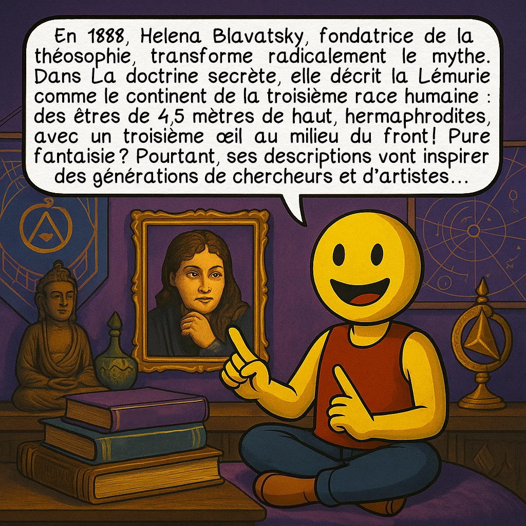 La Lémurie, case 4 : En 1888, Helena Blavatsky, fondatrice de la théosophie, transforme radicalement le mythe. Dans La doctrine secrète, elle décrit la Lémurie comme le continent de la troisième race humaine : des êtres de 4,5 mètres de haut, hermaphrodites, avec un troisième œil au milieu du front ! Pure fantaisie ? Pourtant, ses descriptions vont inspirer des générations de chercheurs et d’artistes…